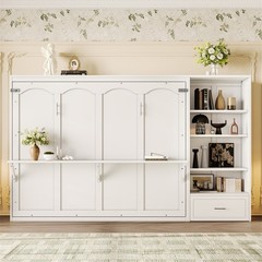 Queen Size Murphy Bed with Height Adjustable Storage Compartments and Drawer