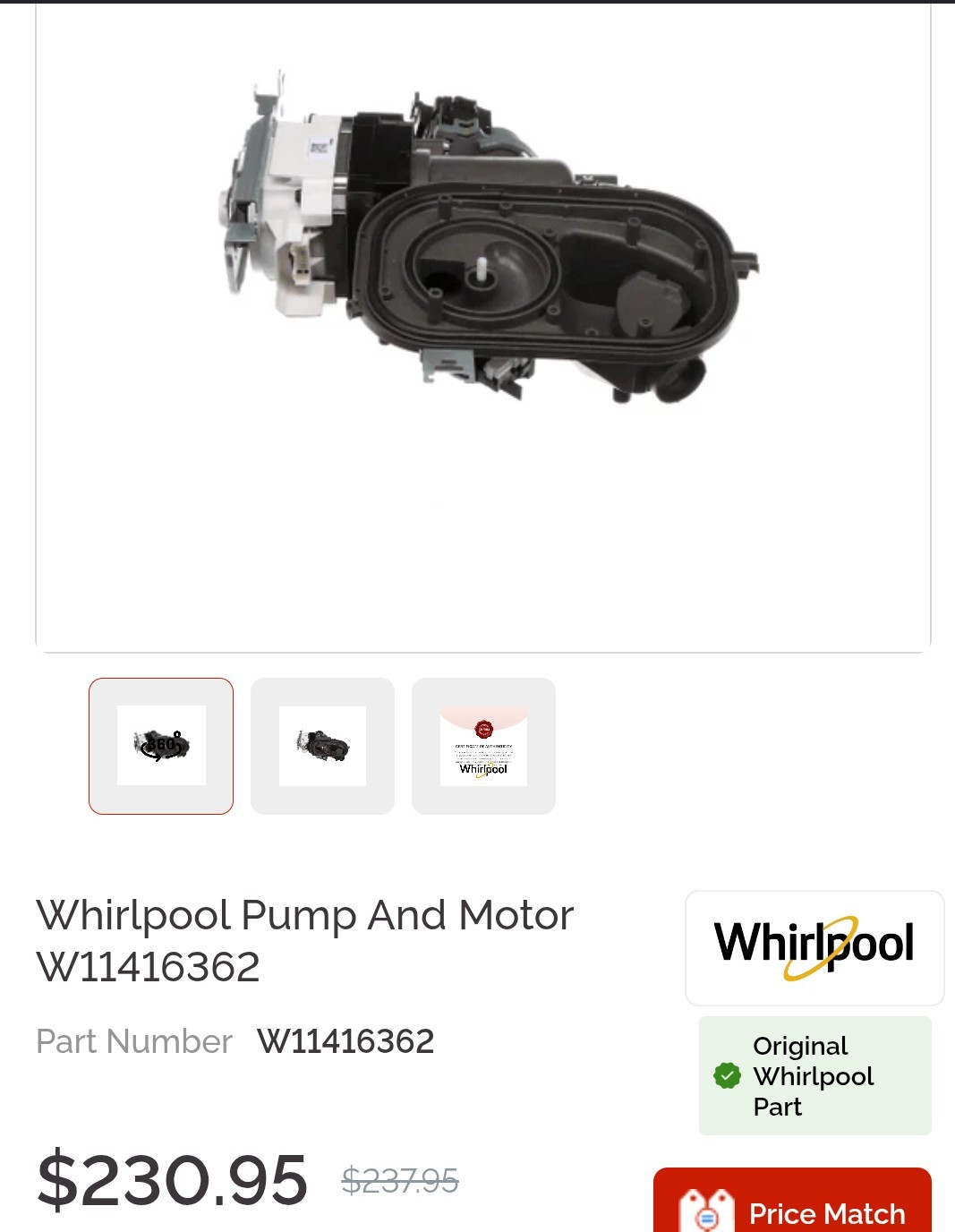Maytag Kitchen aid Whirlpool Dishwasher Pump & Motor W11416362 Replacement Part gallery