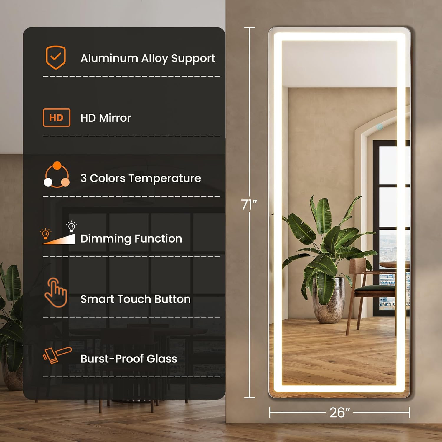 71" LED Full Length Mirror with Dimming & 3 Color Lighting - Floor & Wall Mount gallery