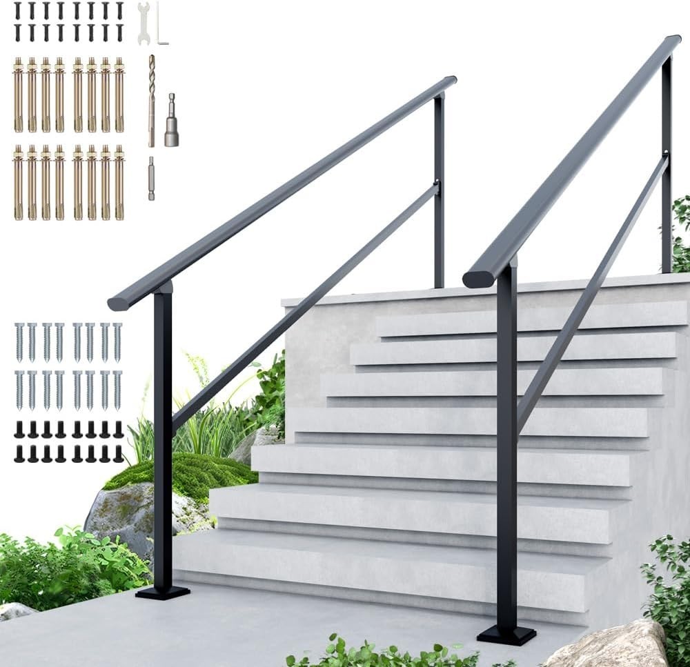 DIYHD 8 Step Handrail Outdoor Iron Stair Railing Black Porch Deck 2 Pack gallery