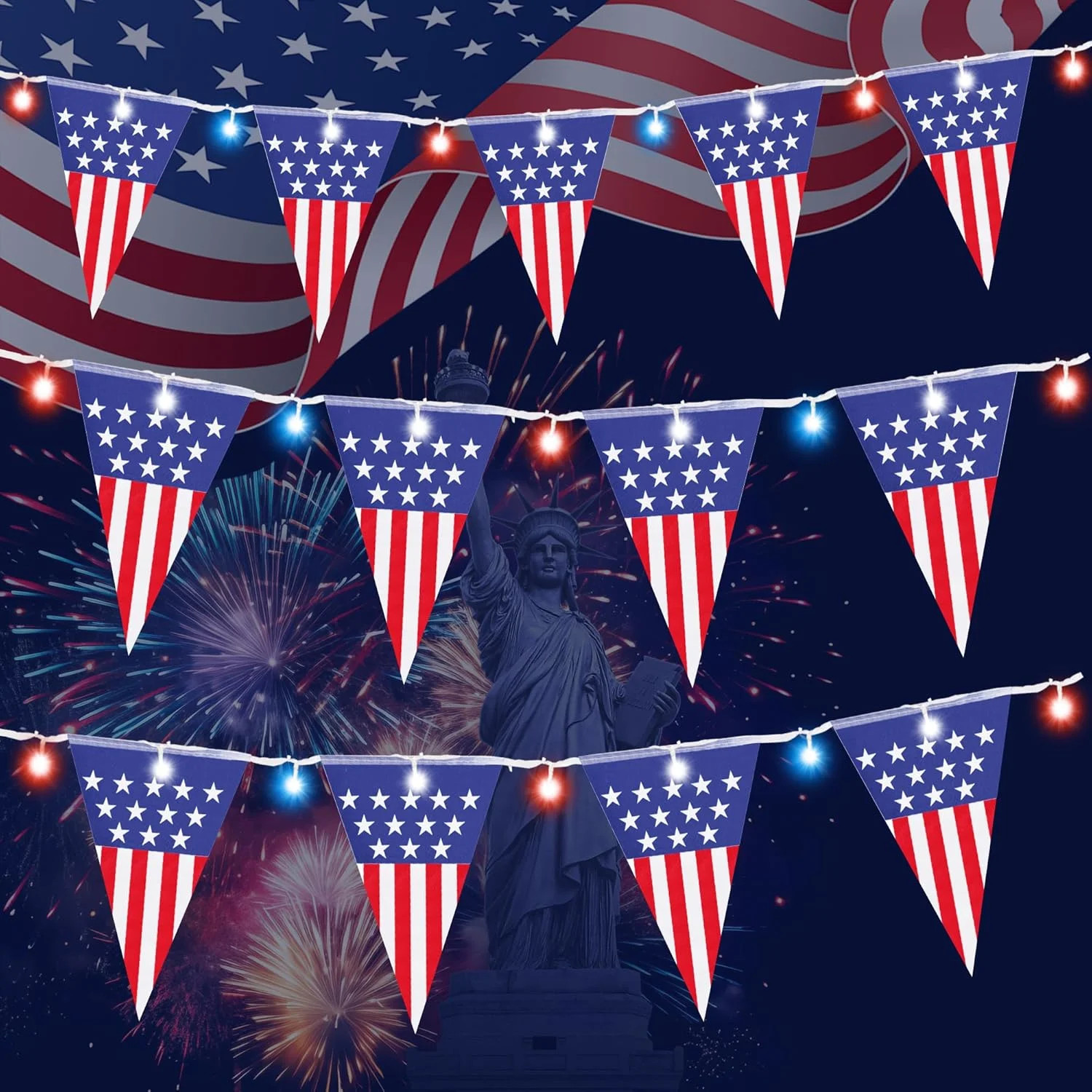 11.5Ft Patriotic Battery String Lights with 11 USA Flags 35 LED, 4th of July Dec gallery