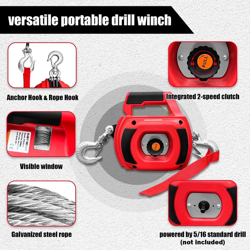 SENKEYFE Drill Powered Portable Winch 1000LBS, with 40FT Red gallery