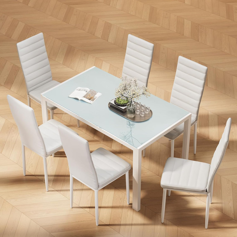 Bealife Kitchen Dining Table Set for 6, Tempered Glass 7 Piece Table and Chairs gallery