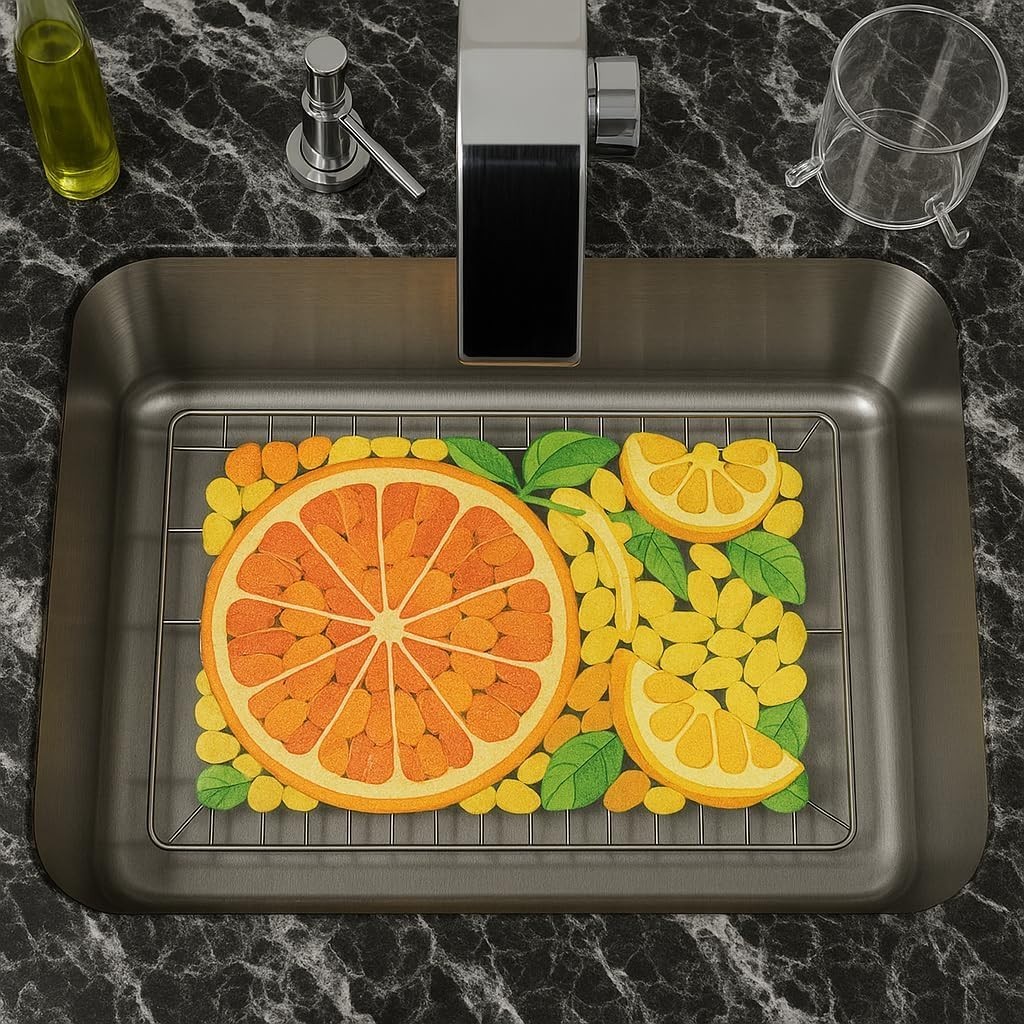 Printed PVC Sink Mat 15.7"x11.8" Flexible Pebble Sink Protector – Orange gallery