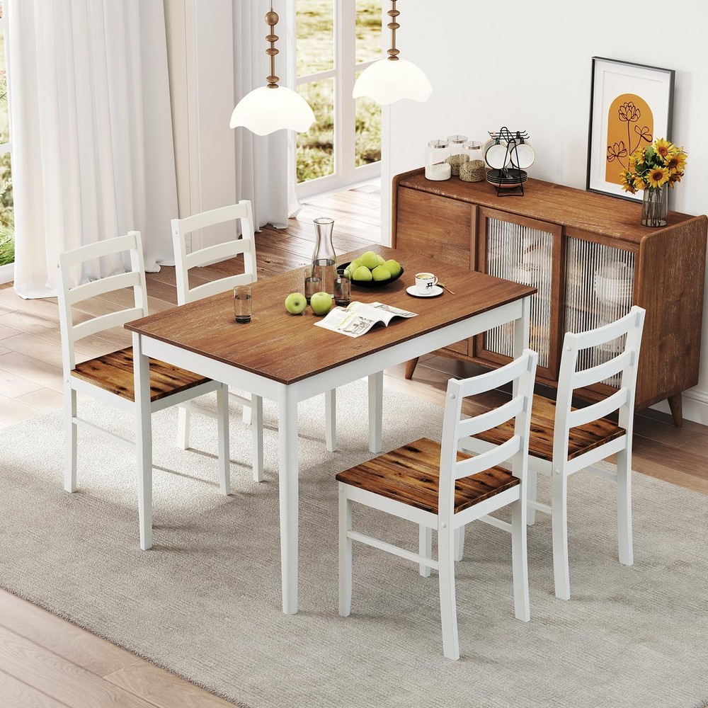 Dining Table Set for 4, Solid Wood Kitchen Table and Chairs, Farmhouse Dinett...