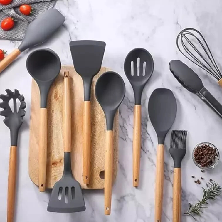 12-Pcs Kitchen Silicone Utensils Set with Heat Resist Wooden Handle Black gallery