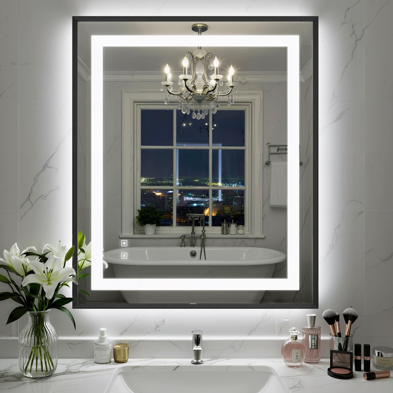 Mirror Bathroom 30x36 Inch Frontlit Backlit Black Frame SHUAFA LED Lights Vanity gallery