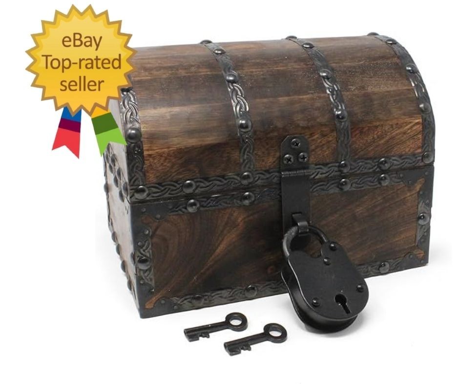 Wooden Treasure Chest with Decorative Rivets and Reinforcing Iron Strips with I gallery