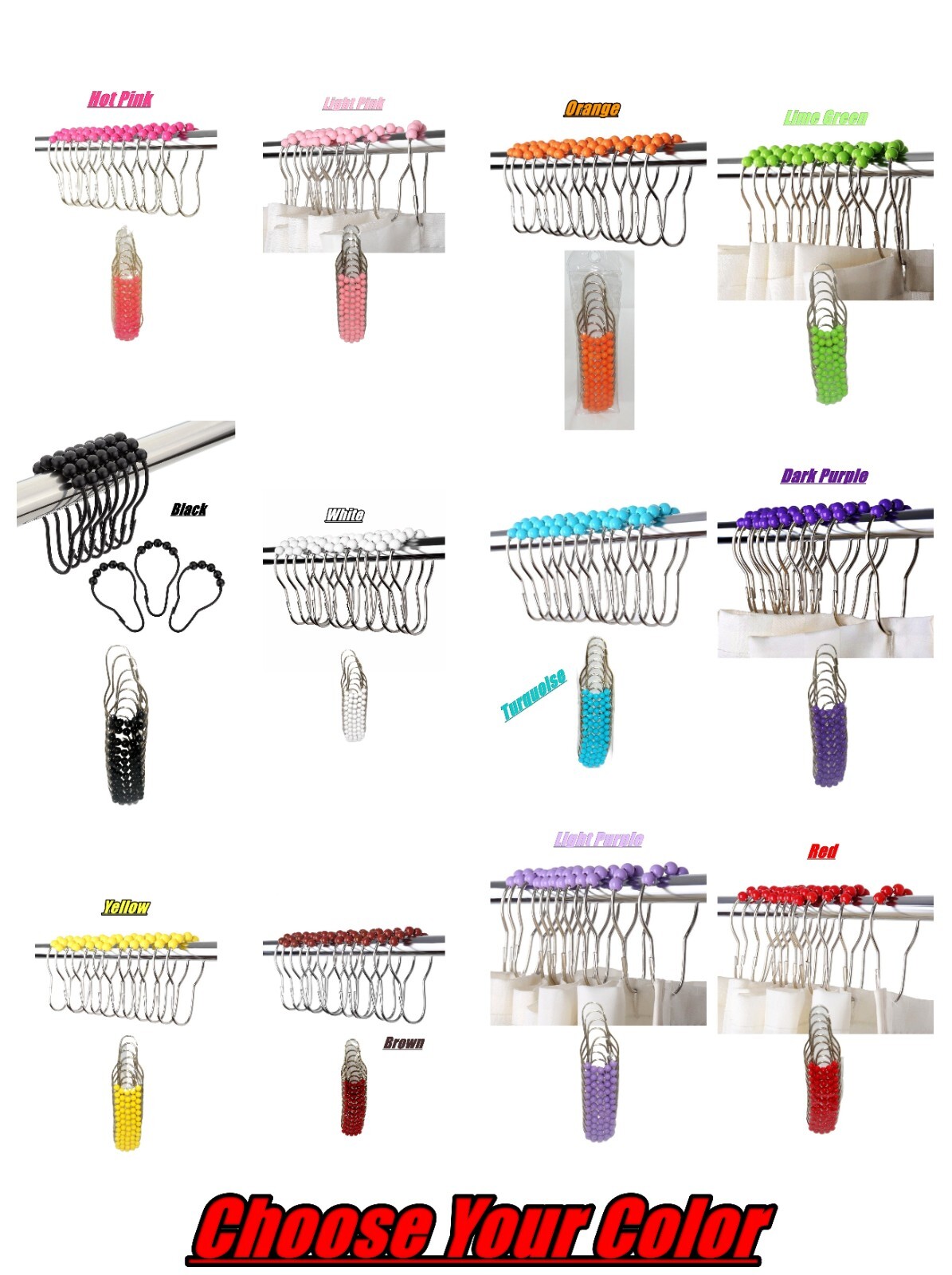 Beaded Easy Glide Shower Curtain Hooks, stainless steel shower rings 12pcs New gallery
