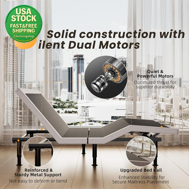 Electric Queen Adjustable Bed Frame Wireless Remote Head Foot Incline USB Light gallery
