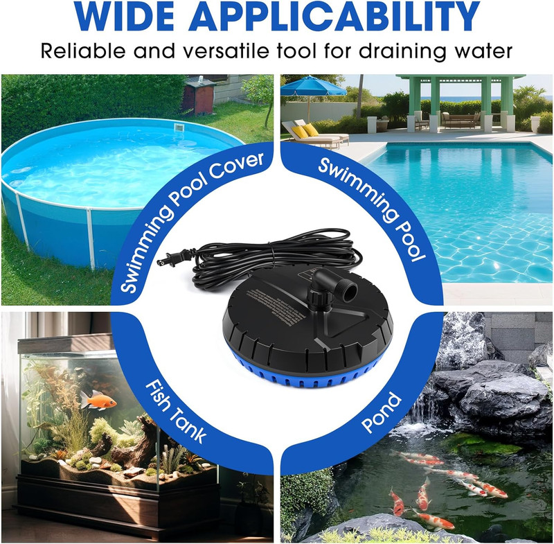 1500 GPH Automatic Pool Cover Pump with 25 Ft Cord & 2 Adapters - Blue gallery