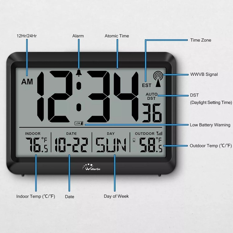Atomic Clock With Indoor Outdoor Temperature, Self-setting Digital Wall gallery