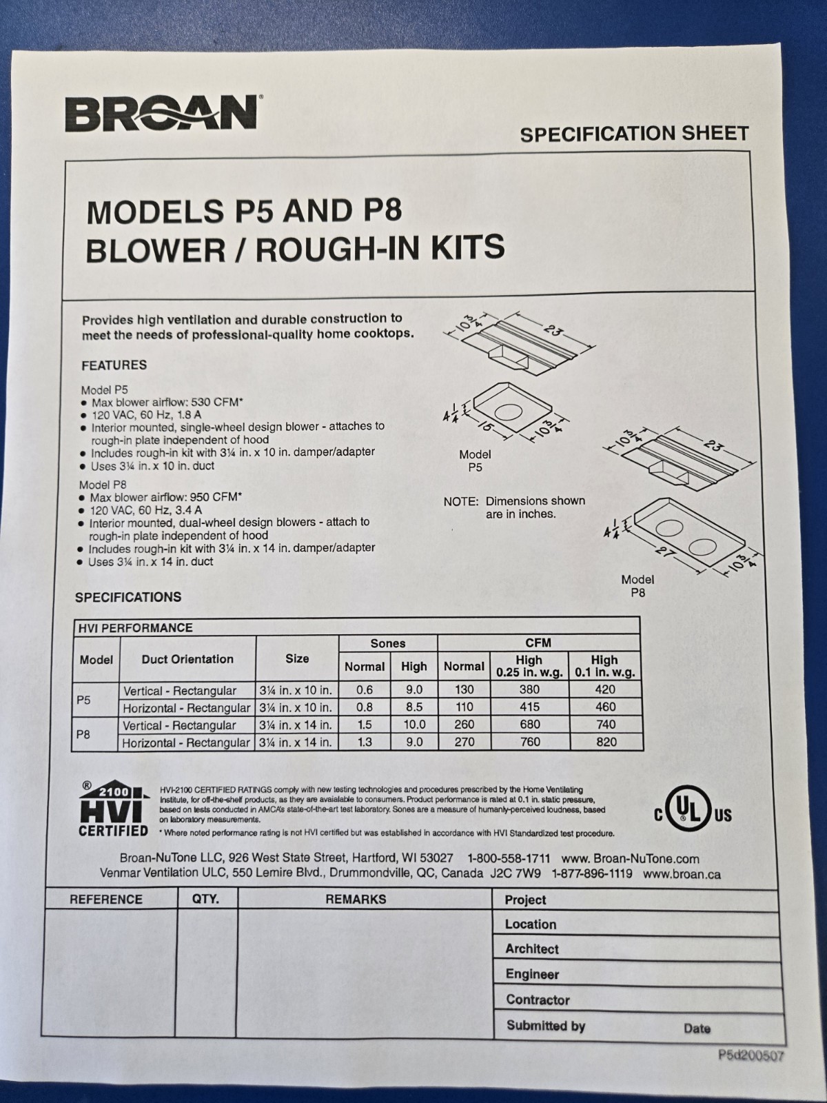 BROAN - P5 - 500 CFM INTERNAL BLOWER - SINGLE WHEEL DESIGN gallery
