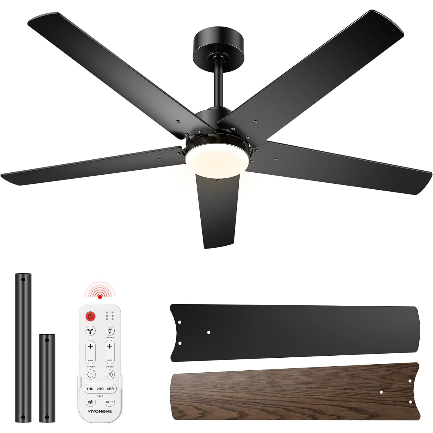 52 inch Black Ceiling Fan with Light & Remote 6+1 Speeds, 3CCT, Reversible Motor gallery