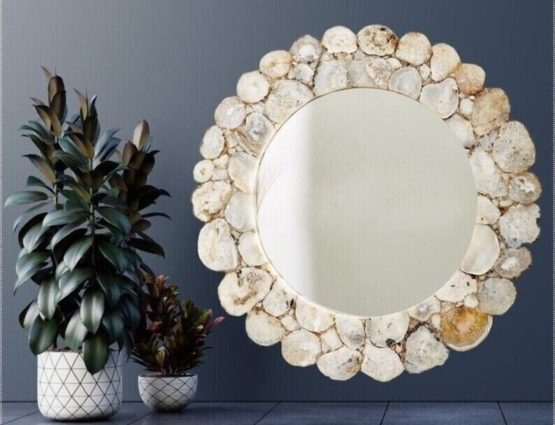 White Agate Stone Mirror Frame Stunning Wall Hanging Mirror Bathroom Decors gallery