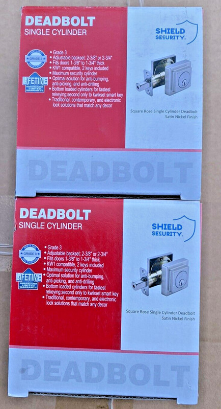 QTY 2- Shield Security Square Rose Single Cylinder Deadbolt Satin Nickel Finish gallery