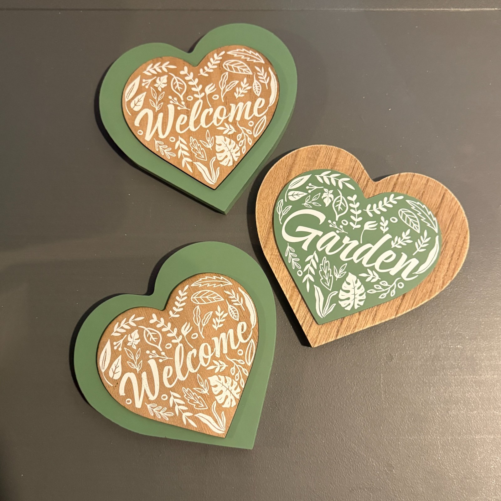 3 Piece Green Heart Welcome Garden Table Top Home Decor 7 x 6.54 inches gallery