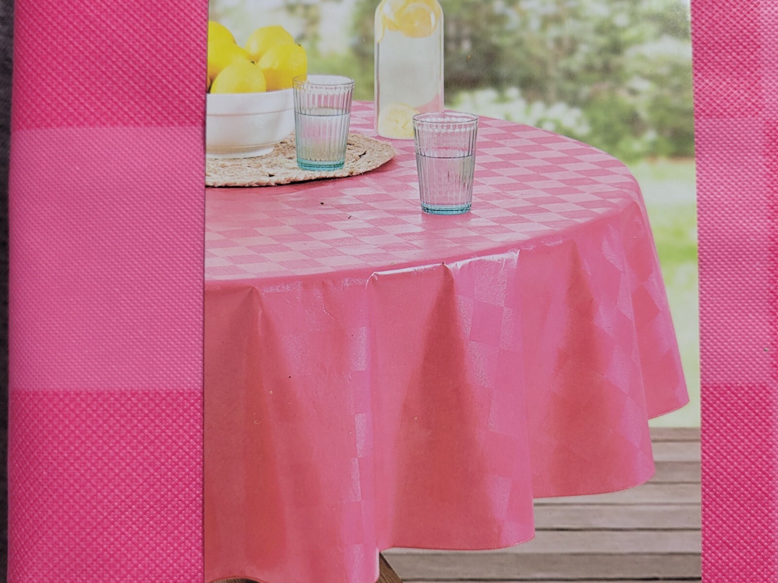Mainstays Solid Pink Checkerboard Peva Vinyl Tablecloth Round 70" Diameter gallery