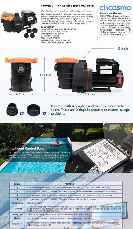 1.5HP 5070GPH Variable Speed Self Priming Pool Pump, Control Pane &App Control gallery