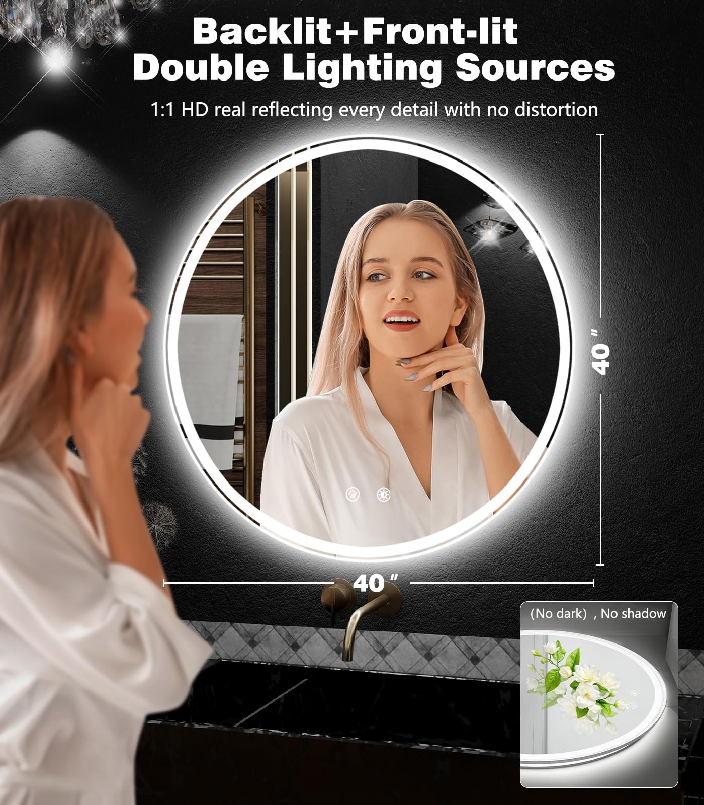 40 Inch Bathroom Mirror: Round Vanity Mirror with Lights, Dimmable & 3 Color ... gallery