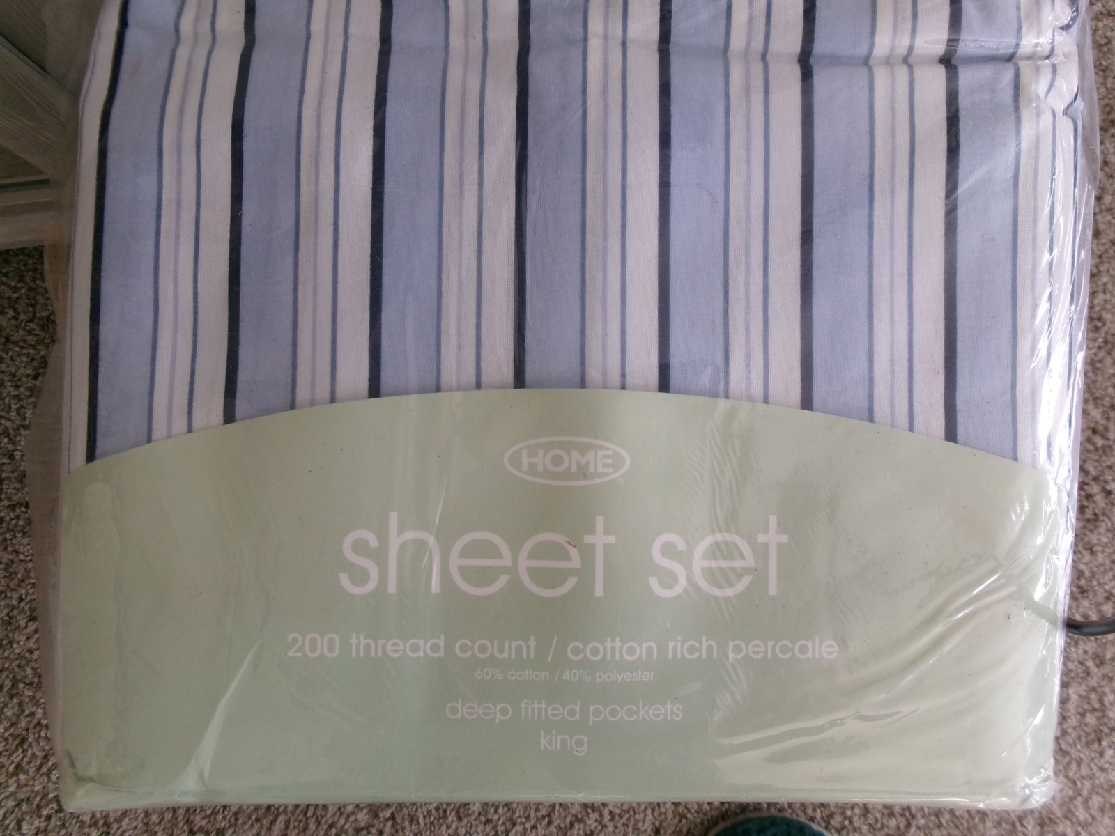 New King Size Sheet Set ** Blue & White Stripe Cotton Percale #1201 gallery