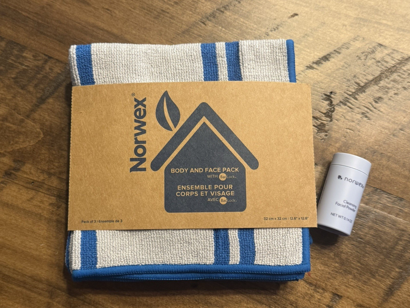NEW Norwex Body/Face Pack Marine Stripes Set of 3 + Travel size Cleansing Powder gallery