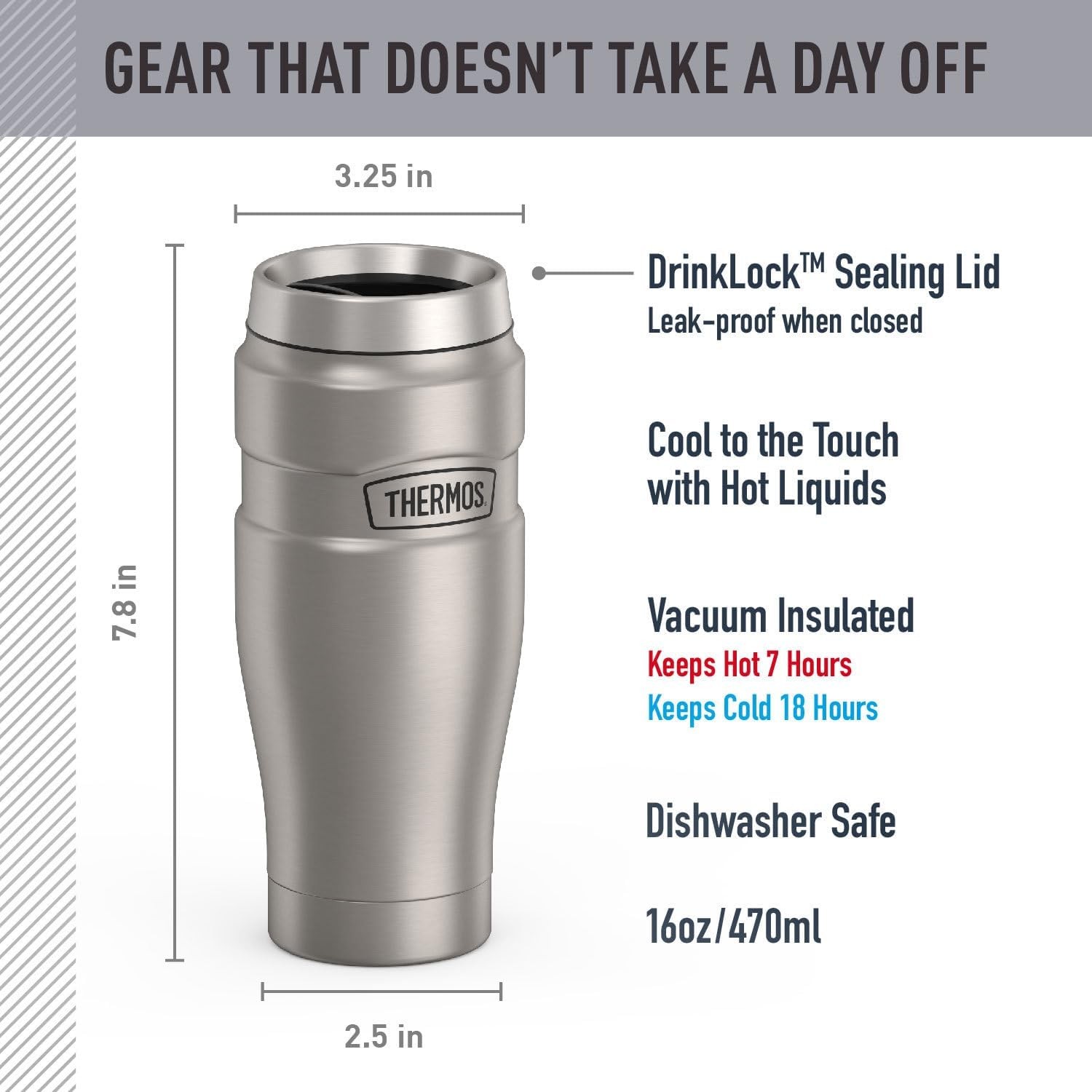THERMOS Stainless King Vacuum-Insulated Travel Tumbler, 16 Ounce, Matte Steel gallery