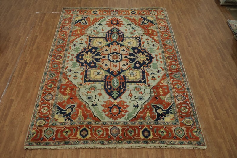 Light Blue and Rust Traditional Large Rug 10'x14' Ft Handmade Oriental Wool Rug gallery