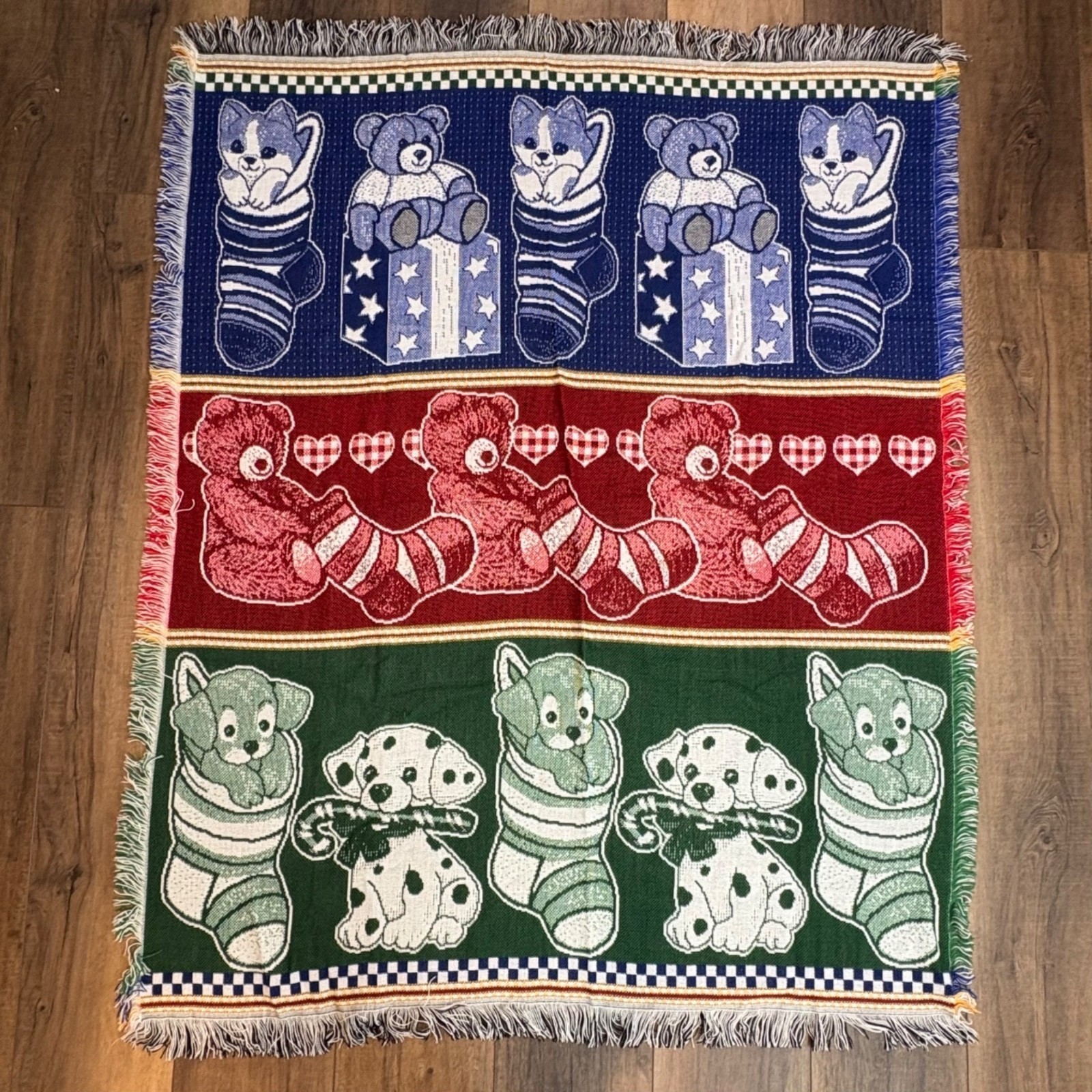 American Weavers Throw Blanket Tapestry Puppy Teddy Stockings USA Holiday VTG gallery