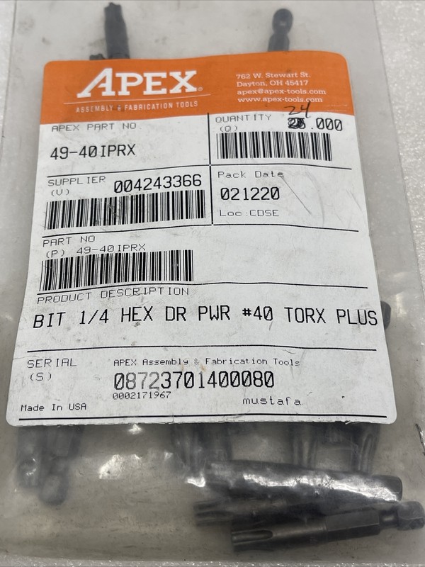 #40 Torx Tamper Insert Bits, 1/4” Hex Drive, USA, Apex 49-40IPRX, Lot Of (2) gallery