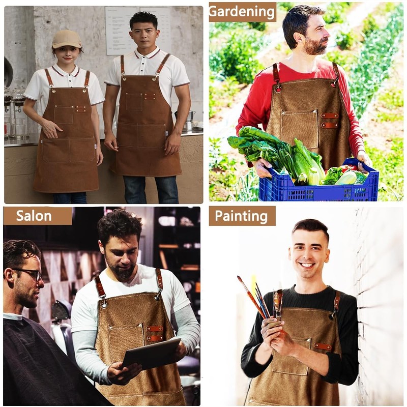 Kitchen Apron Canvas (2 Pack), Chef Apron Cross Back Adjustable Apron with 3 ... gallery