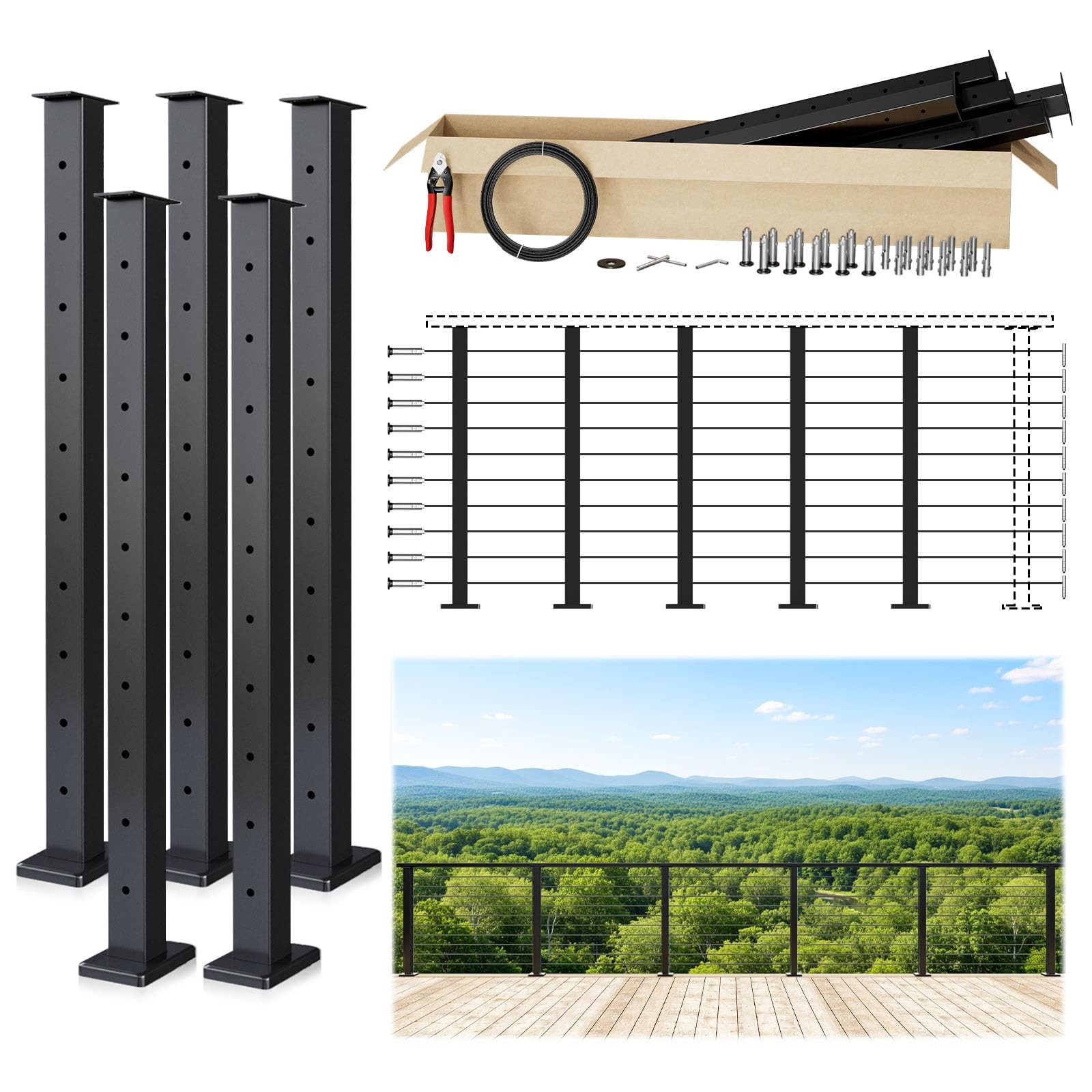 Muzata 16-20FT Modular Black Cable Railing Kit 36 Inch 5 Level Post 36" gallery