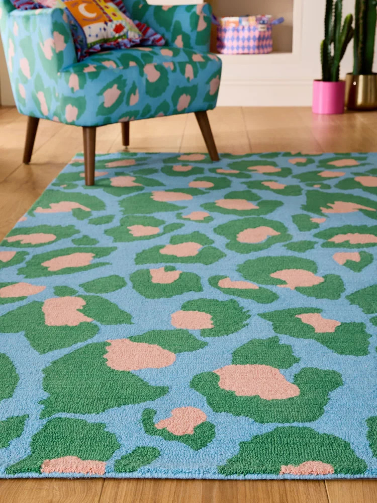 Blue Leopard Print 100% Wool Tufted Area Rug Colorful Animal Print Carpet 8x10 gallery