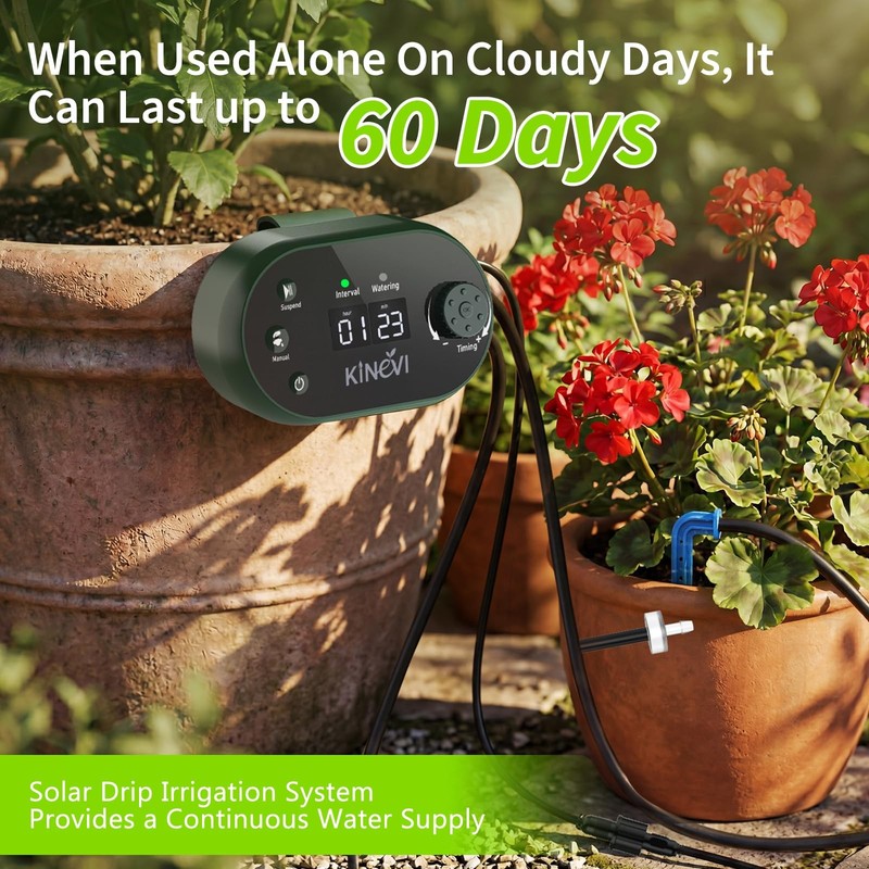 Solar Drip Irrigation System, 8W Powered Auto Watering Kit for 30 Pots, HD LE... gallery