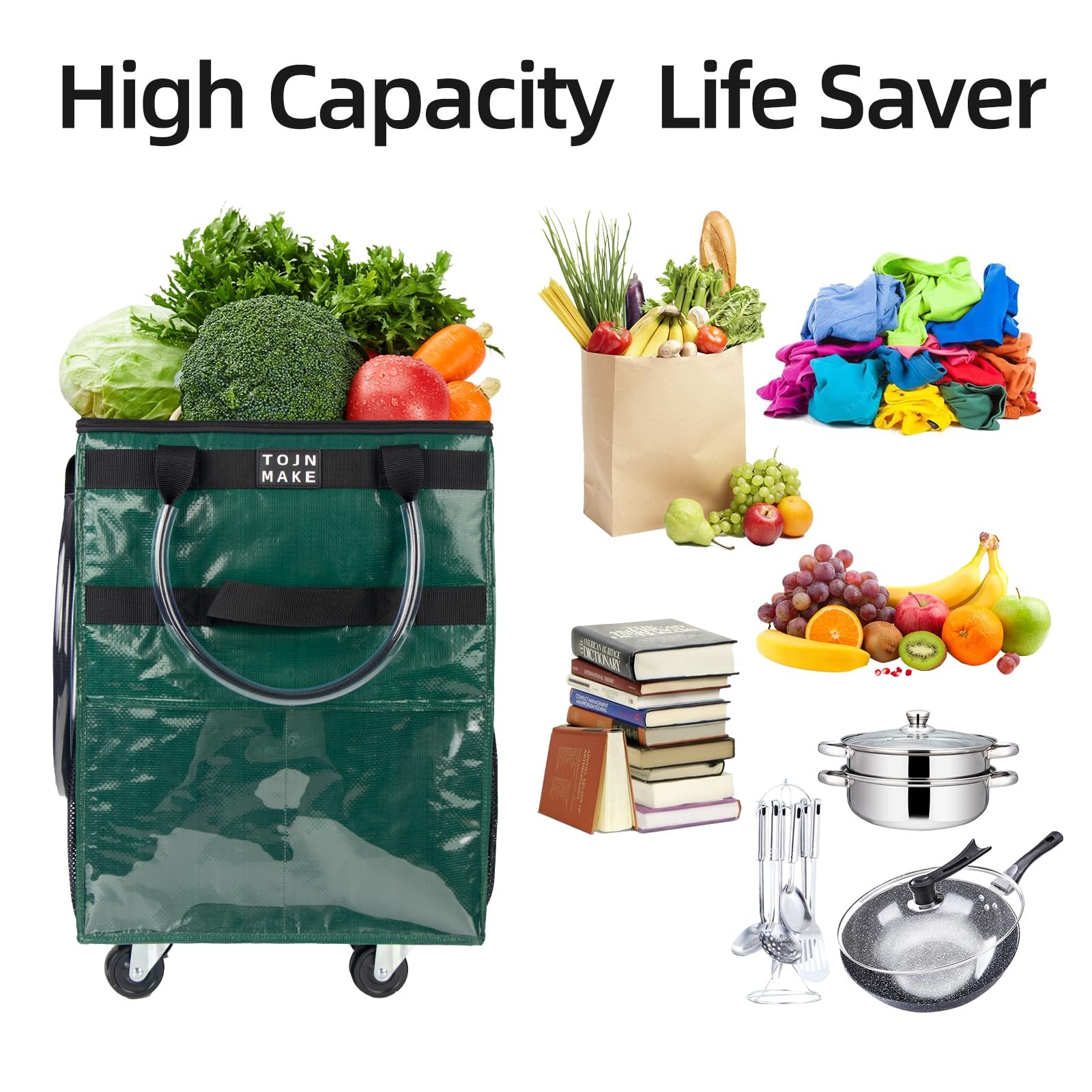 Reusable Grocery Bag On Wheels (Large, Green) Shopping Trolley with 8 Pockets... gallery