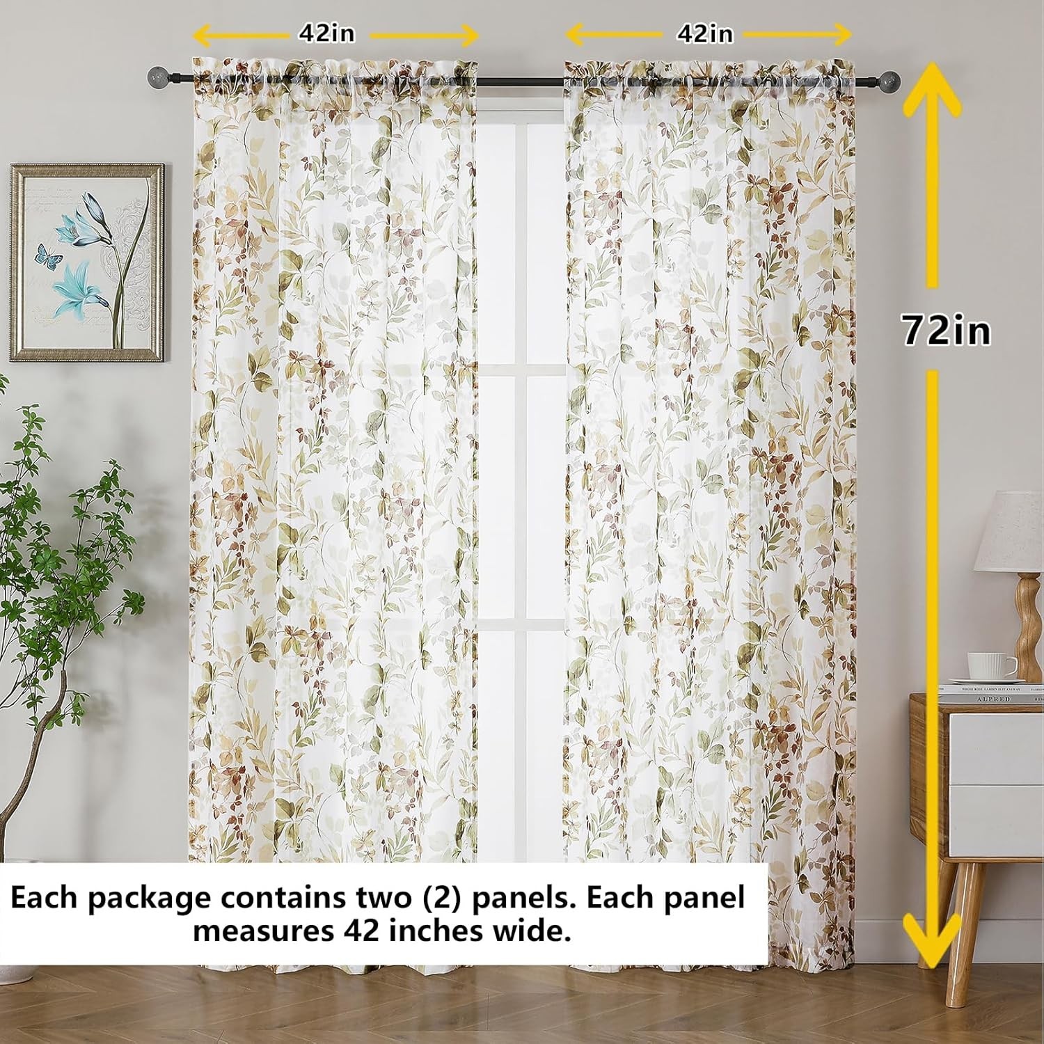 Crushed Semi Sheer Curtains 72 Inch Length 2 Panels Set, Printing Floral Pattern gallery