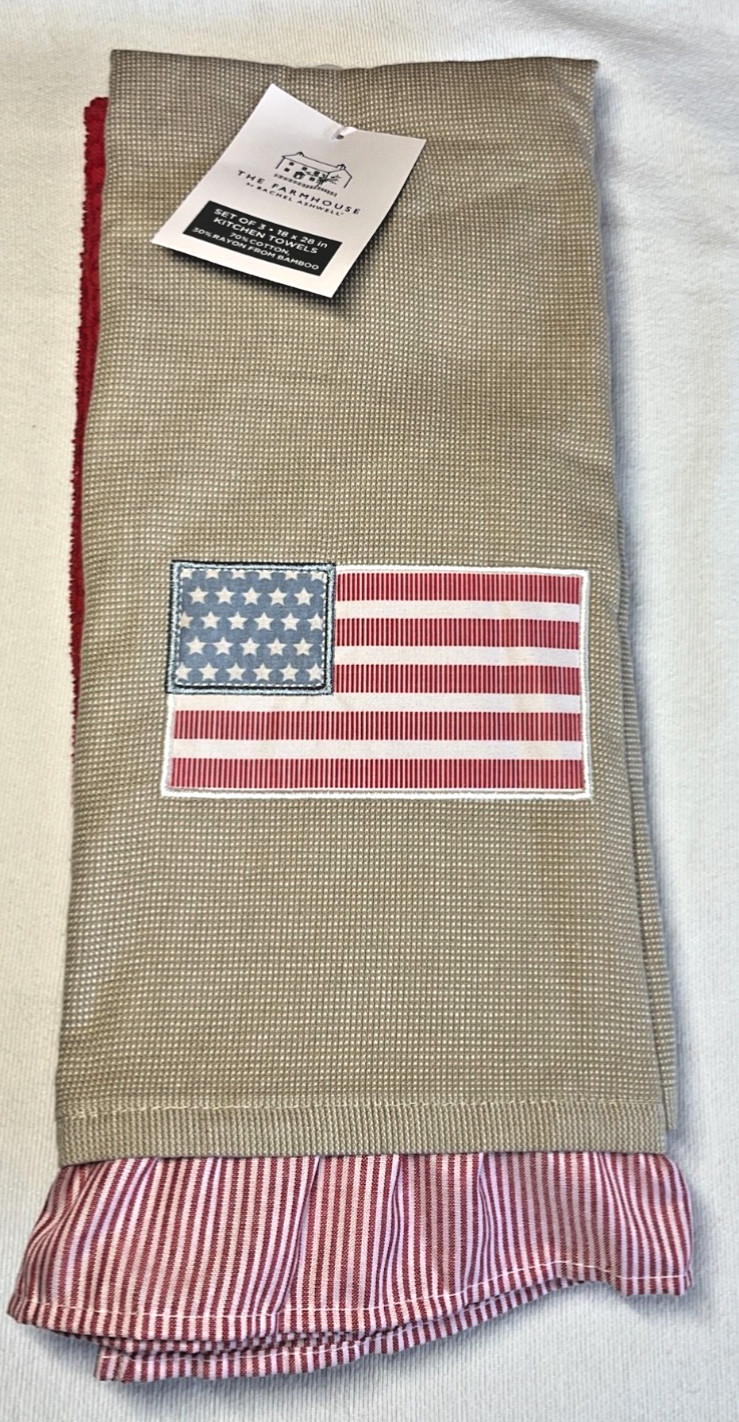 RACHEL ASHWELL FARMHOUSE KITCHEN TOWELS (3) FLAG RUFFLE 20 X 28 COTTON NWT gallery
