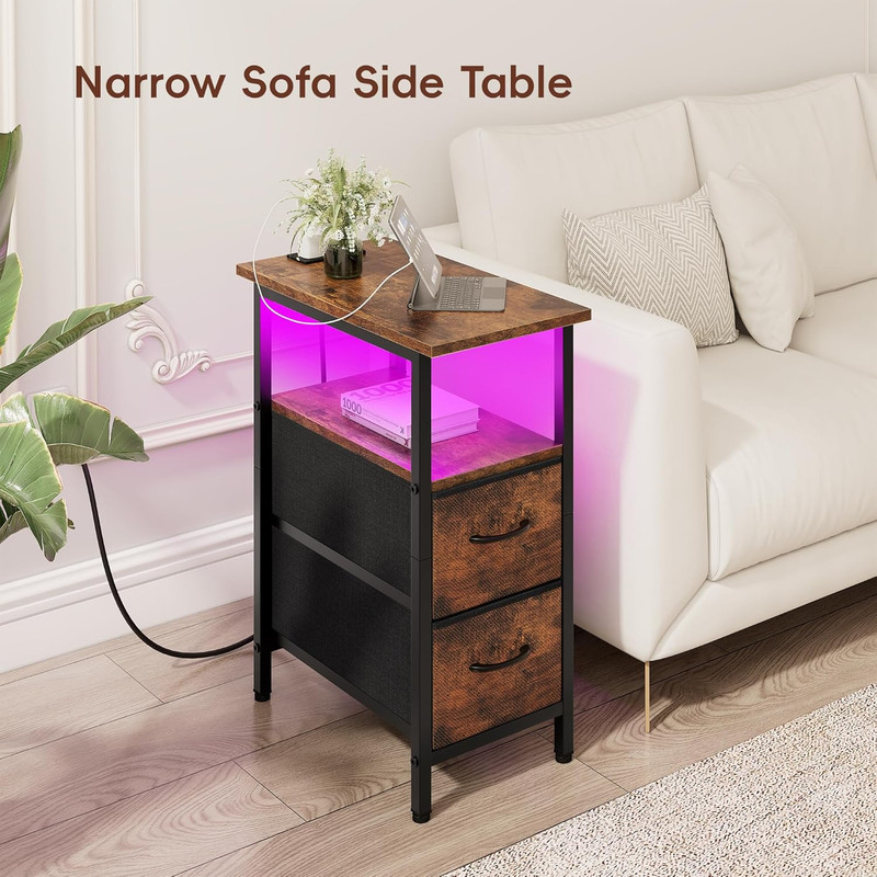 2-Pack Rustic Brown Nightstands with Charging Station & LED Lights gallery