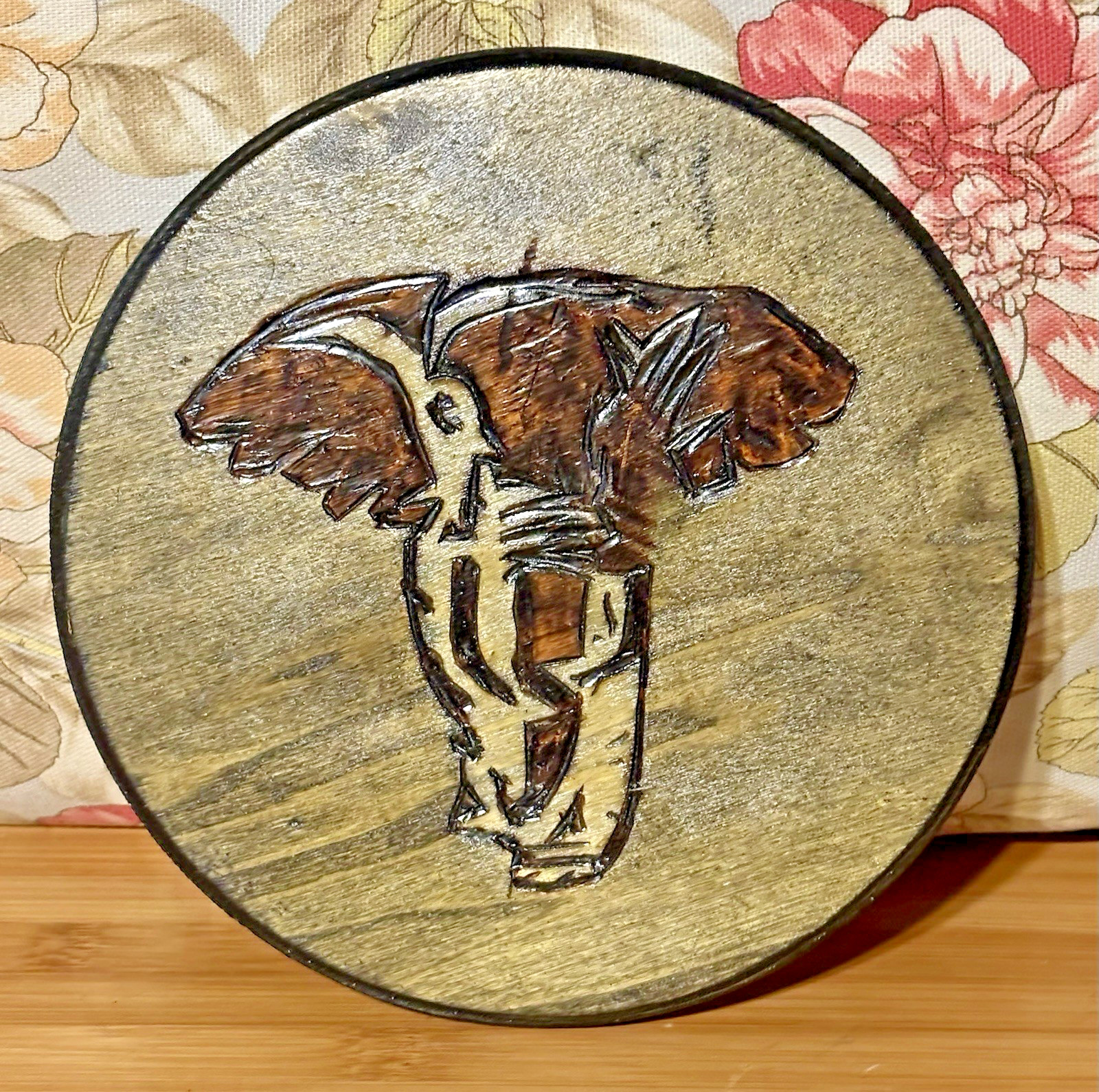 Handmade Wood Burn Light Gray Elephant Animal Theme Round Home Decor Wall Art gallery