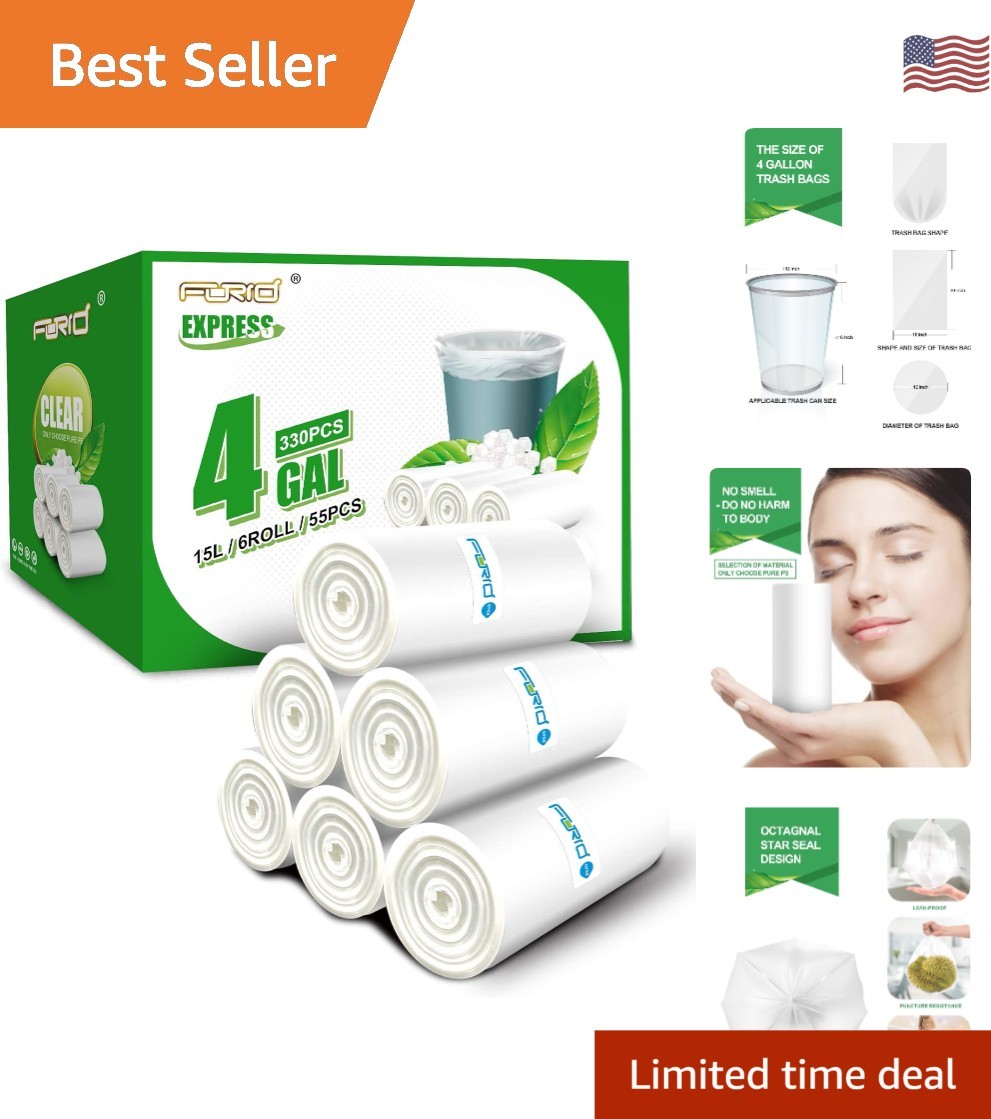 330 Count Clear 4 Gallon Trash Bags - Thick & Odor-Free for Everyday Use gallery