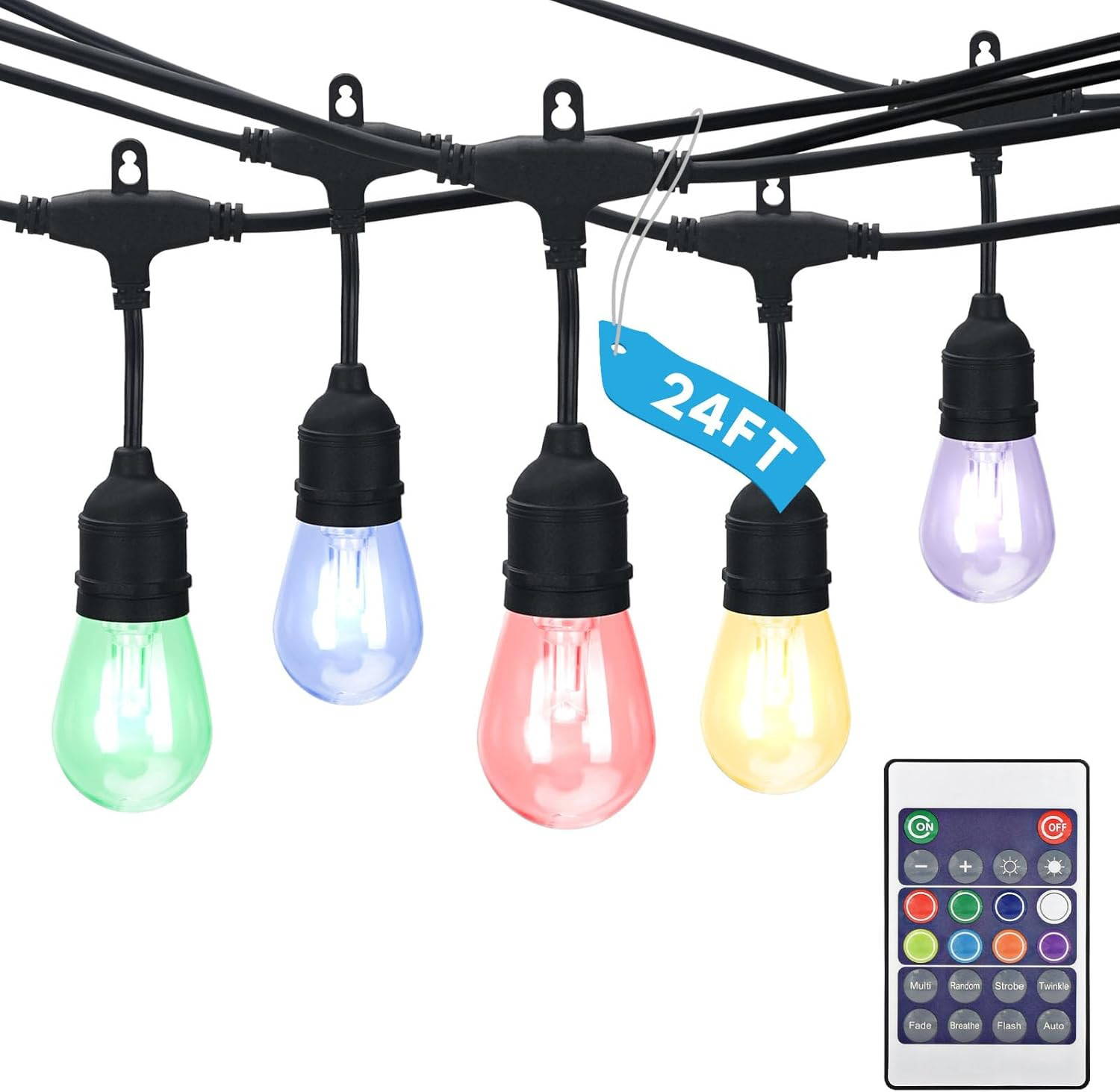 24FT RGBW LED Outdoor String Lights with Remote, Dimmable & Waterproof gallery