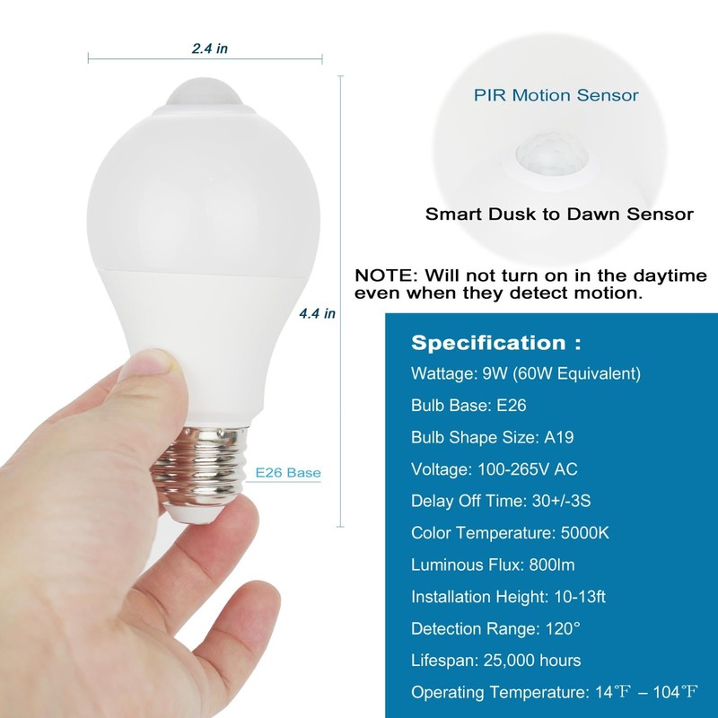 4 Pack Dusk to Dawn Motion Sensor LED Bulb E26 9W PIR Outdoor Security Light gallery