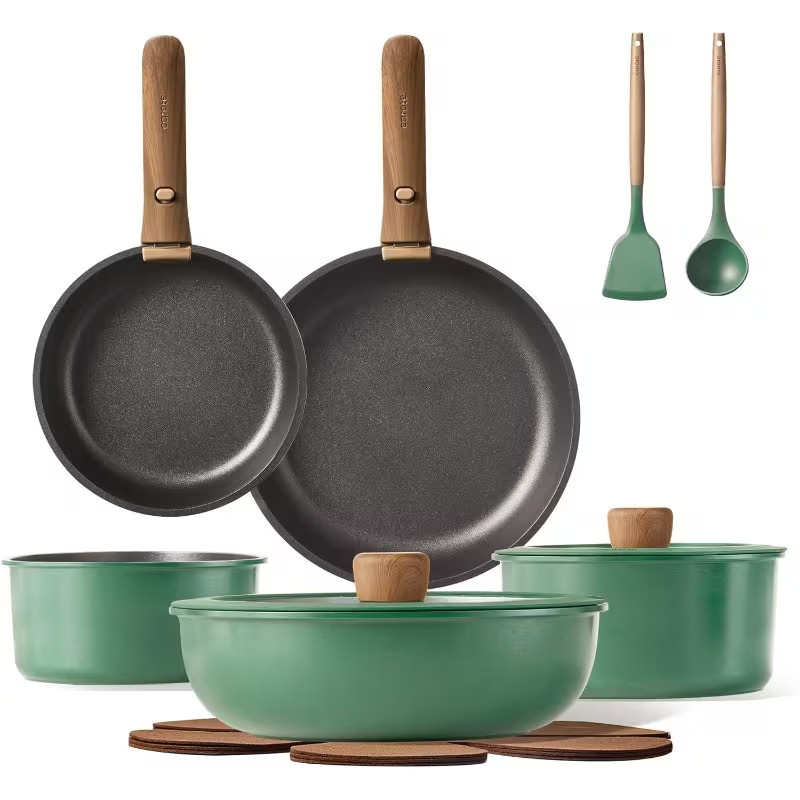 Carote 15 PC Cookware Pan Set With Detachable Handle Non Stick Oven Safe Green gallery