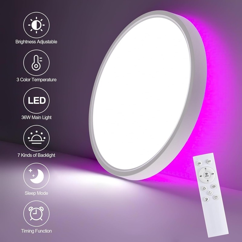 RGB LED Ceiling Light Dimmable with Remote Control, 18W 1800lm Color Changing... gallery
