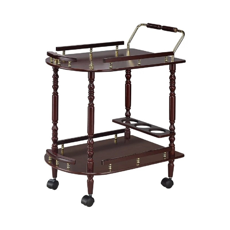 Rolling Serving Bar Cart Wood Cherry Finish Trolley Storage Shelf Wine Rack gallery