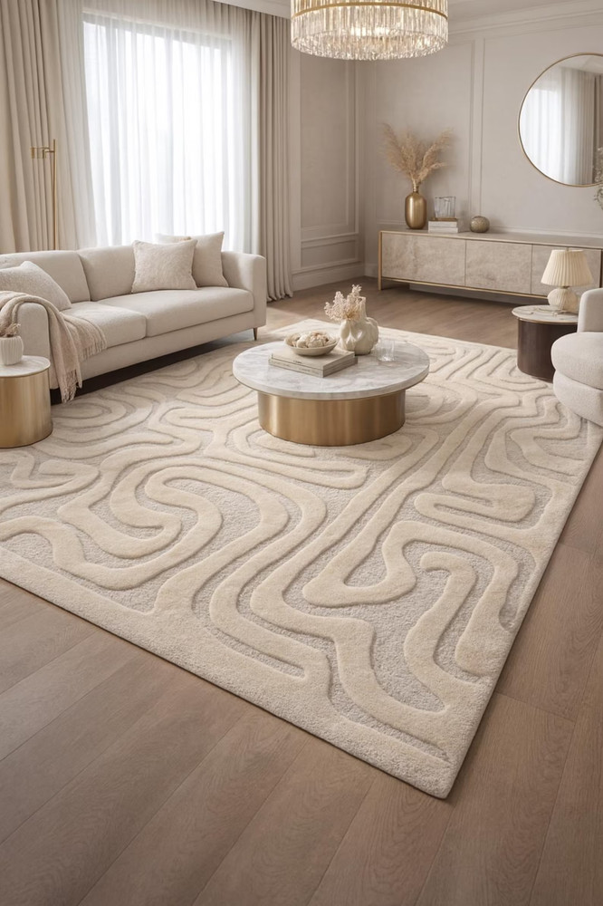 Handmade Ivory Cream Hand Tufted Wool Rug | High Low Pile for home decor