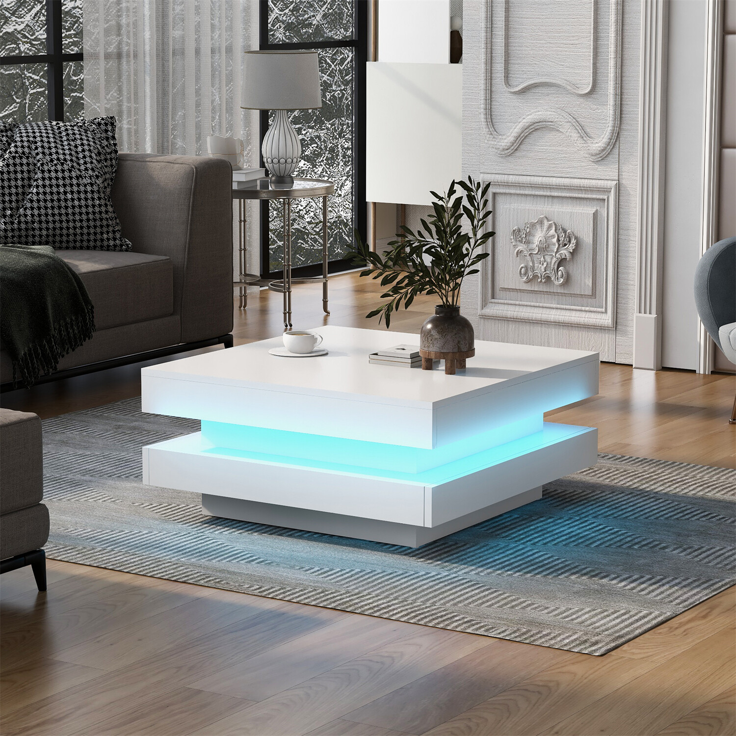 High Gloss Square LED Coffee Table Side End Table Center Tables w/ LED Light New gallery