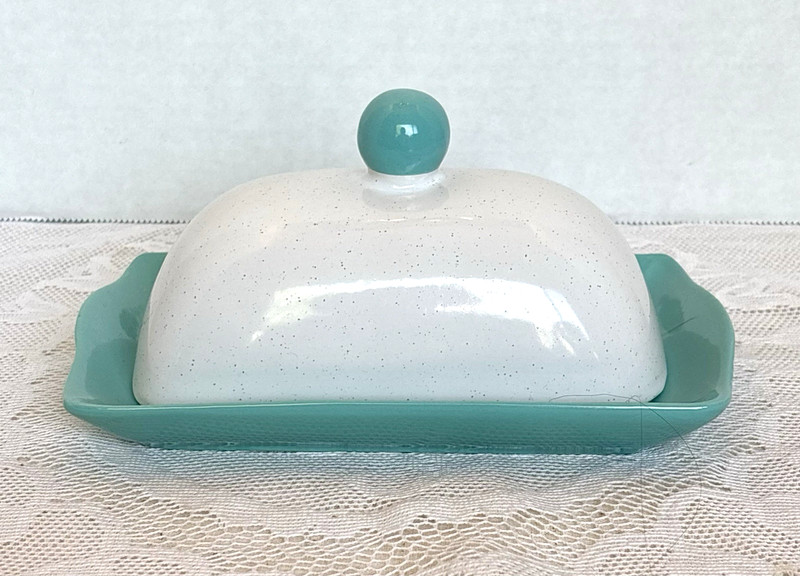 Boston Warehouse Speckleware Butter Dish Teal White Covered EUC gallery