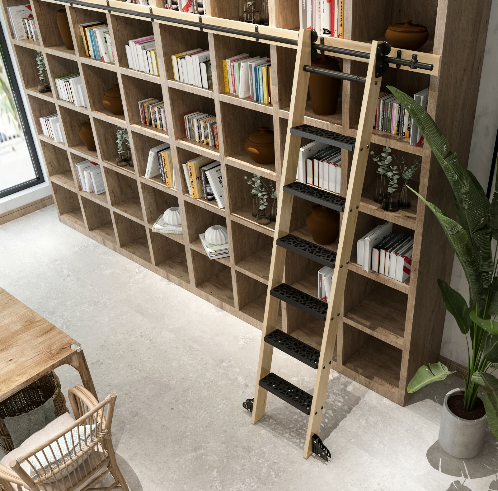 Unfinished Pine Wood Sliding Library Ladder with Metal Step Rolling Ladder gallery
