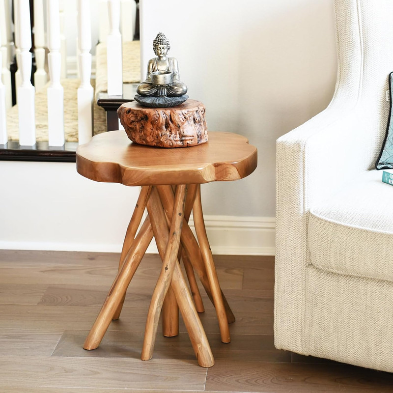 WELLAND Solid Teak Live Edge End Table,18" L X 18" W X 20" H Uniquie Side Table, gallery